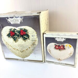 Crown Porcelain Holiday Heart Shaped Box and Dish Holly Christmas Set of 2